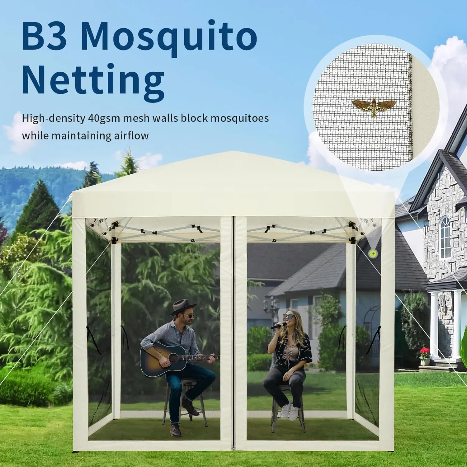 10'x10' Instant Pop-Up Canopy Tent with Removable Mosquito Netting & 2 Zipper Doors, Portable Outdoor Shelter for Camping, Backyard, Picnic - Includes Wheeled Carry Bag (Beige)