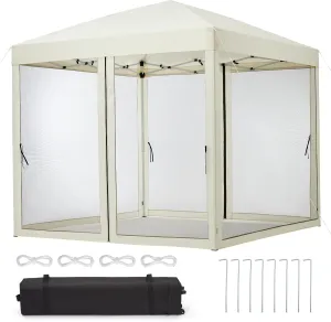 10'x10' Instant Pop-Up Canopy Tent with Removable Mosquito Netting & 2 Zipper Doors, Portable Outdoor Shelter for Camping, Backyard, Picnic - Includes Wheeled Carry Bag (Beige)