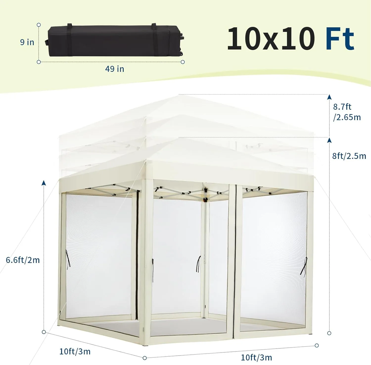 10'x10' Instant Pop-Up Canopy Tent with Removable Mosquito Netting & 2 Zipper Doors, Portable Outdoor Shelter for Camping, Backyard, Picnic - Includes Wheeled Carry Bag (Beige)