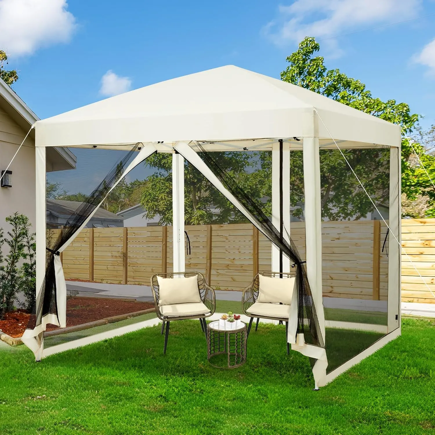 10'x10' Instant Pop-Up Canopy Tent with Removable Mosquito Netting & 2 Zipper Doors, Portable Outdoor Shelter for Camping, Backyard, Picnic - Includes Wheeled Carry Bag (Beige)