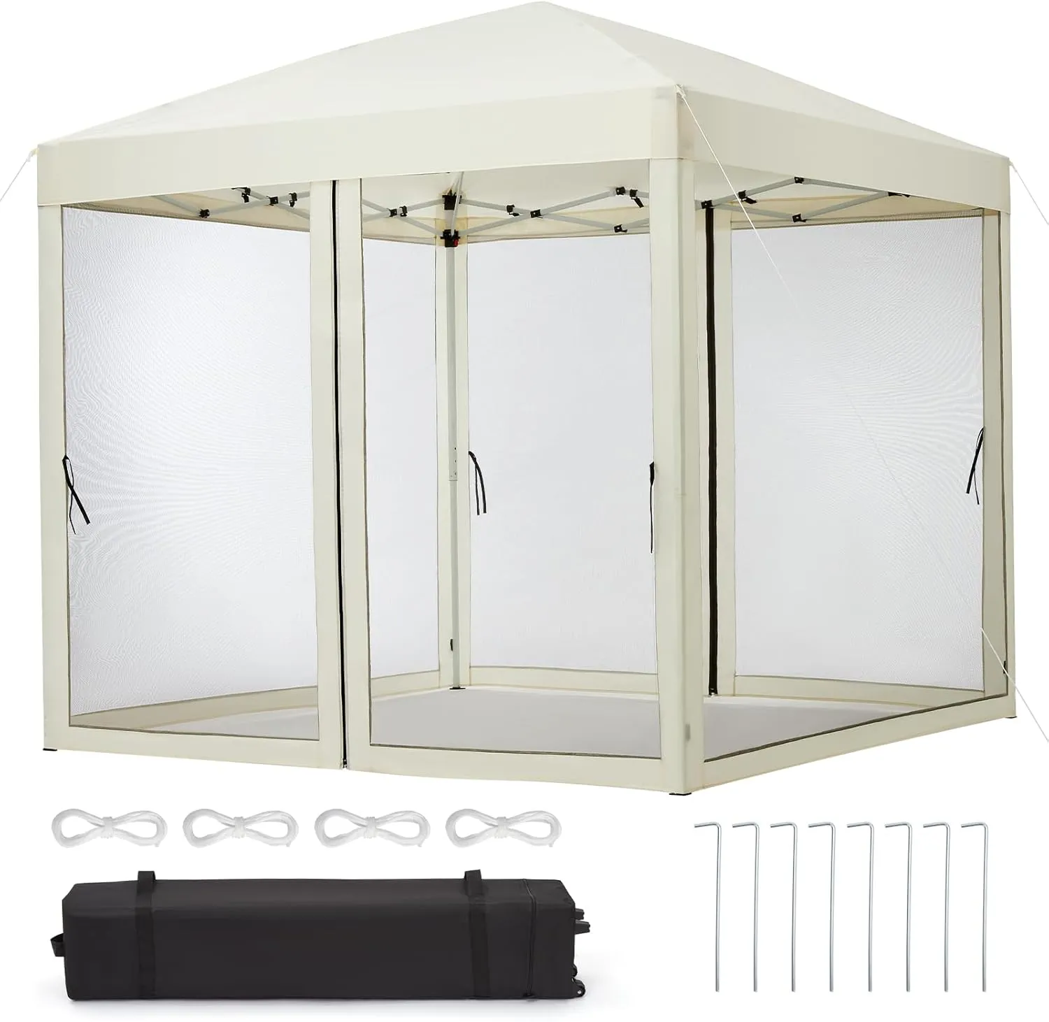 10'x10' Instant Pop-Up Canopy Tent with Removable Mosquito Netting & 2 Zipper Doors, Portable Outdoor Shelter for Camping, Backyard, Picnic - Includes Wheeled Carry Bag (Beige)