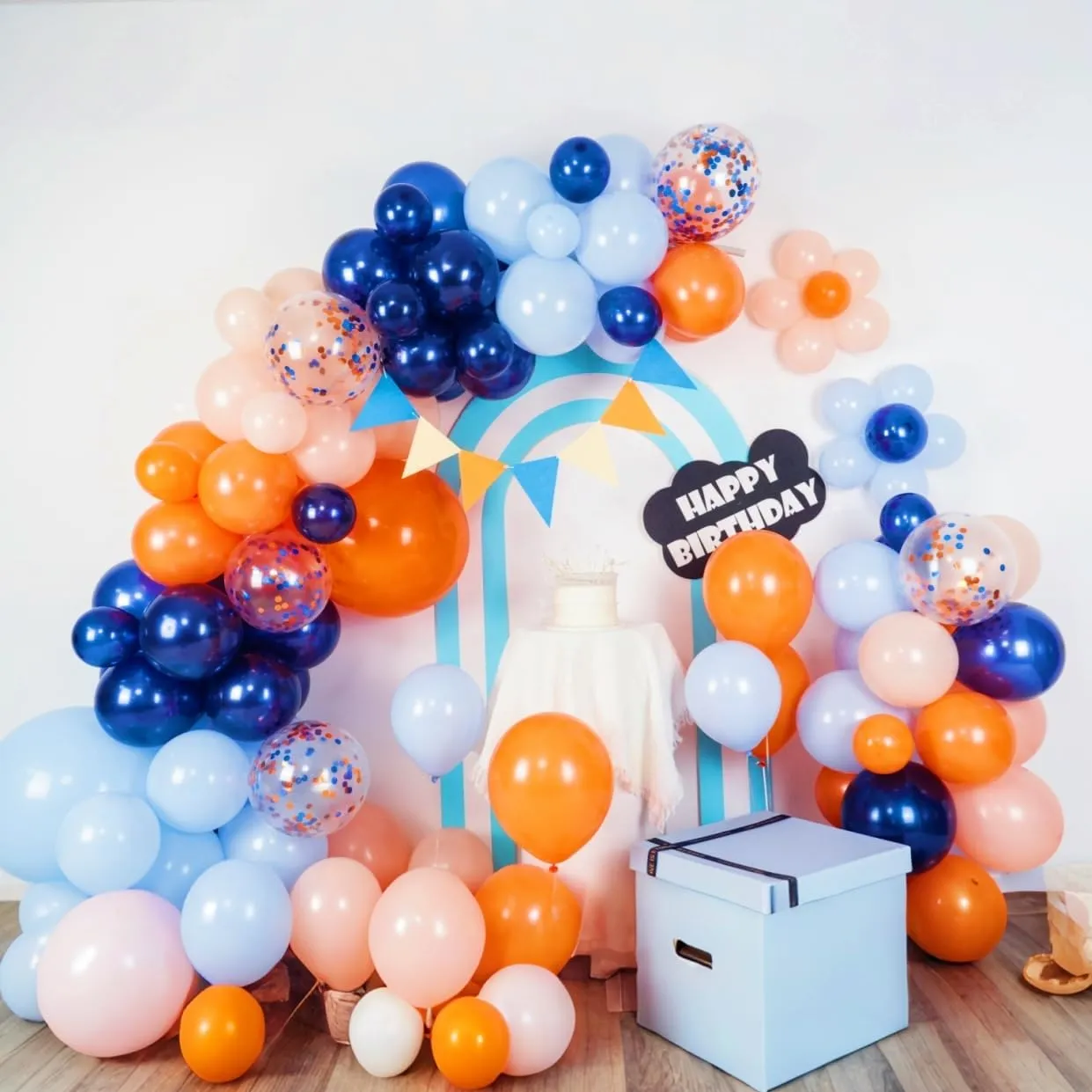 141 Pack Blue and Orange Balloon Arch Kit, Baby Navy Blue Balloons Garland Kit with Pastel Light Orange Confetti Balloons, Party Decoration for Baby Boys Kids Birthday Party Decor