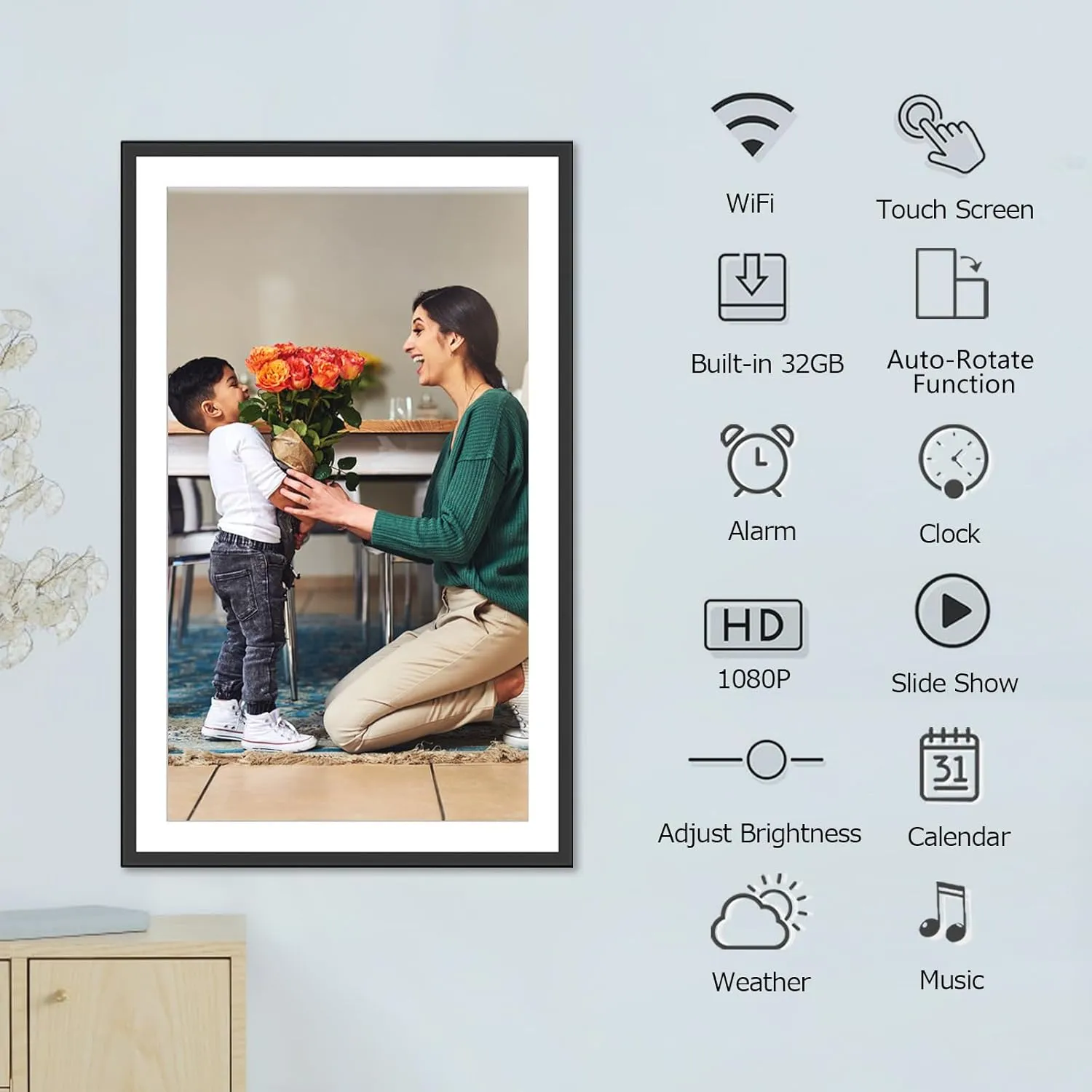 15.6 Inch WiFi Digital Picture Frame with 1920x1080 FHD IPS Touch Screen, Send Photo or Videos via App or Email, 32GB Storage, Support USB Drive/SD Card Extend Storage, Auto-Rotate, Wall Mountable