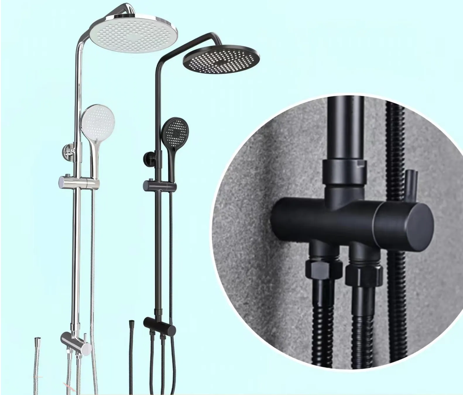 2 In 1 Shower Combination Dual Hose Rain Metal Head - Black/Chrome