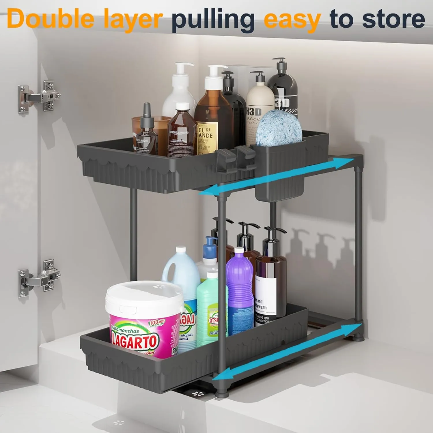 2 Pack Double Sliding Under Sink Organizers and Storage, 2 Tier Under Bathroom Cabinet Shelf Organizer with Hooks Hanging Cup, Home Organization, Black