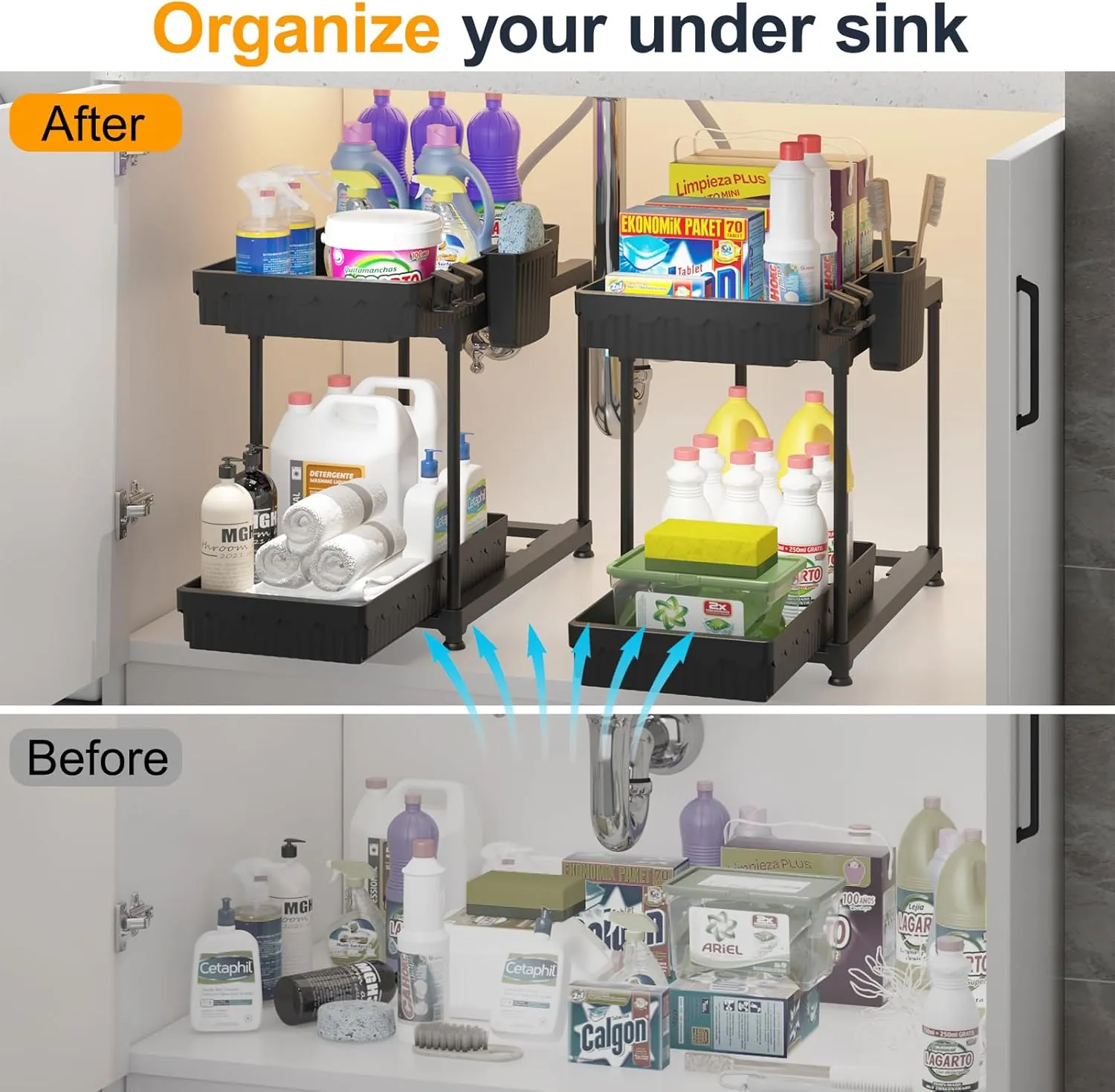 2 Pack Double Sliding Under Sink Organizers and Storage, 2 Tier Under Bathroom Cabinet Shelf Organizer with Hooks Hanging Cup, Home Organization, Black