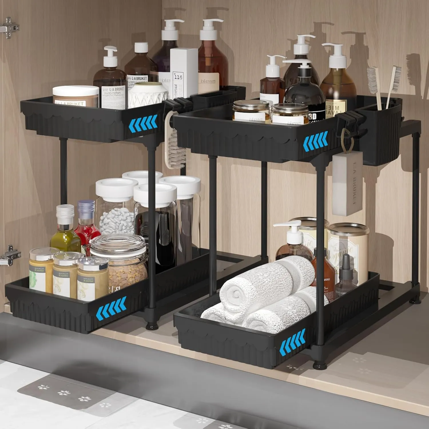 2 Pack Double Sliding Under Sink Organizers and Storage, 2 Tier Under Bathroom Cabinet Shelf Organizer with Hooks Hanging Cup, Home Organization, Black