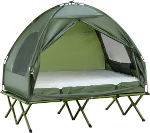 2 Person Foldable Camping Cot with Tent Bedspread and Thick Air Mattress 4-in-1 Elevated Bed for Outdoor Hiking Picnic Travel, for Backpacking & Hiking