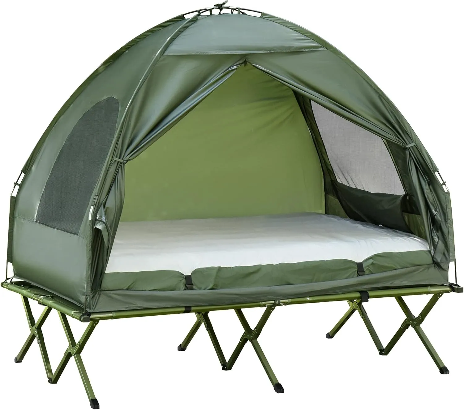 2 Person Foldable Camping Cot with Tent Bedspread and Thick Air Mattress 4-in-1 Elevated Bed for Outdoor Hiking Picnic Travel, for Backpacking & Hiking