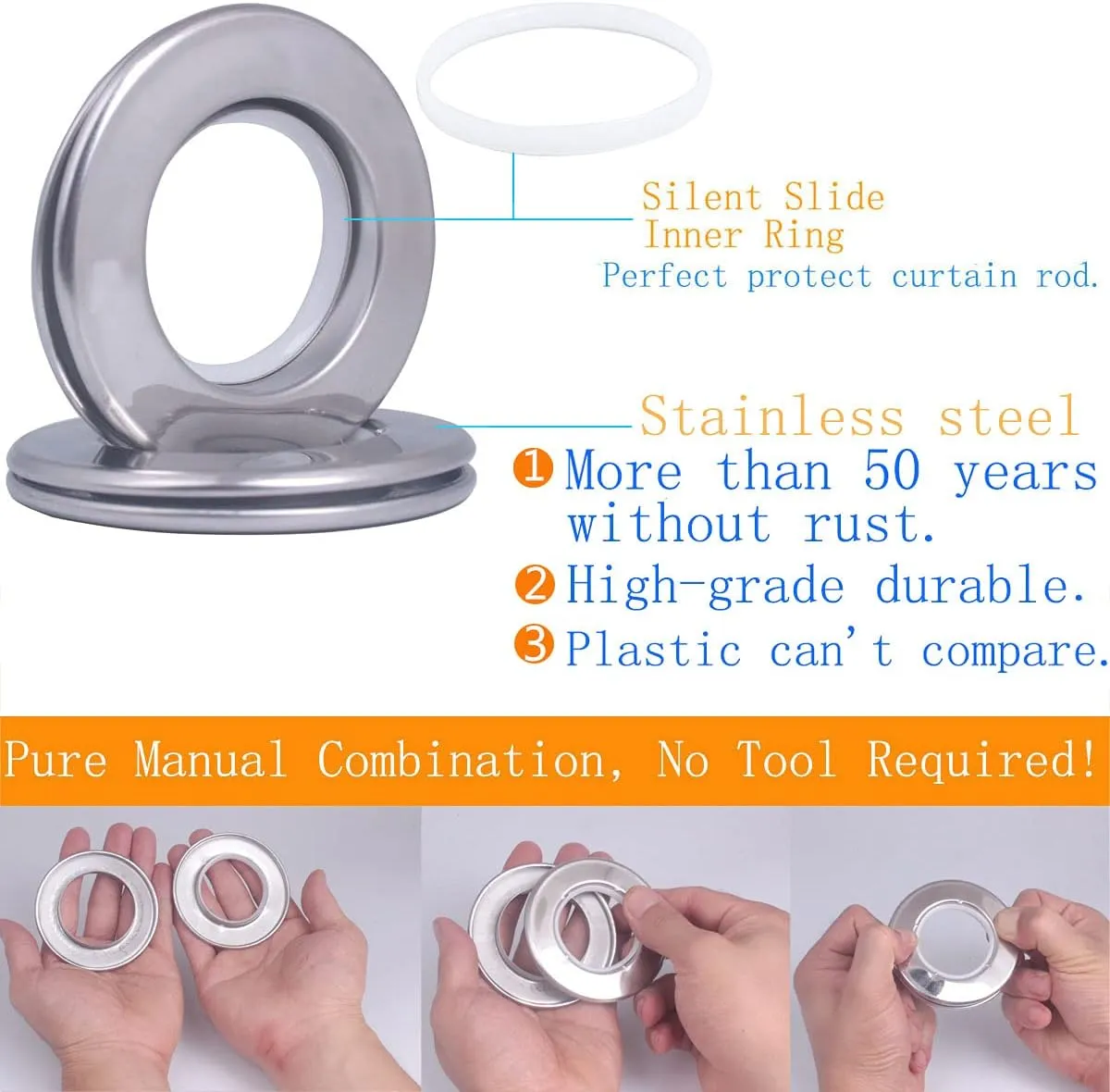 20 Pack Stainless Curtain Grommets Inner Diameter 1-9/16 inch (40mm-75mm) Stainless Steel Curtain Eyelet Rings Round Nanoscale Low Noise Roman Ring Eyelet for Curtains Drape (20-Pack Silver)