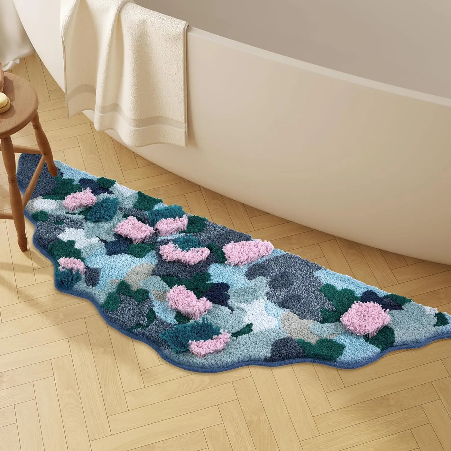 3D Stereo Flower Irregular Shaped Blue Bathroom Rug,Absorbent Tufted Soft Shaggy Rugs,20''X59''Non Slip Washable Moss Bath mat for Bedroom Kitchen Door Mat Decor(Blue)