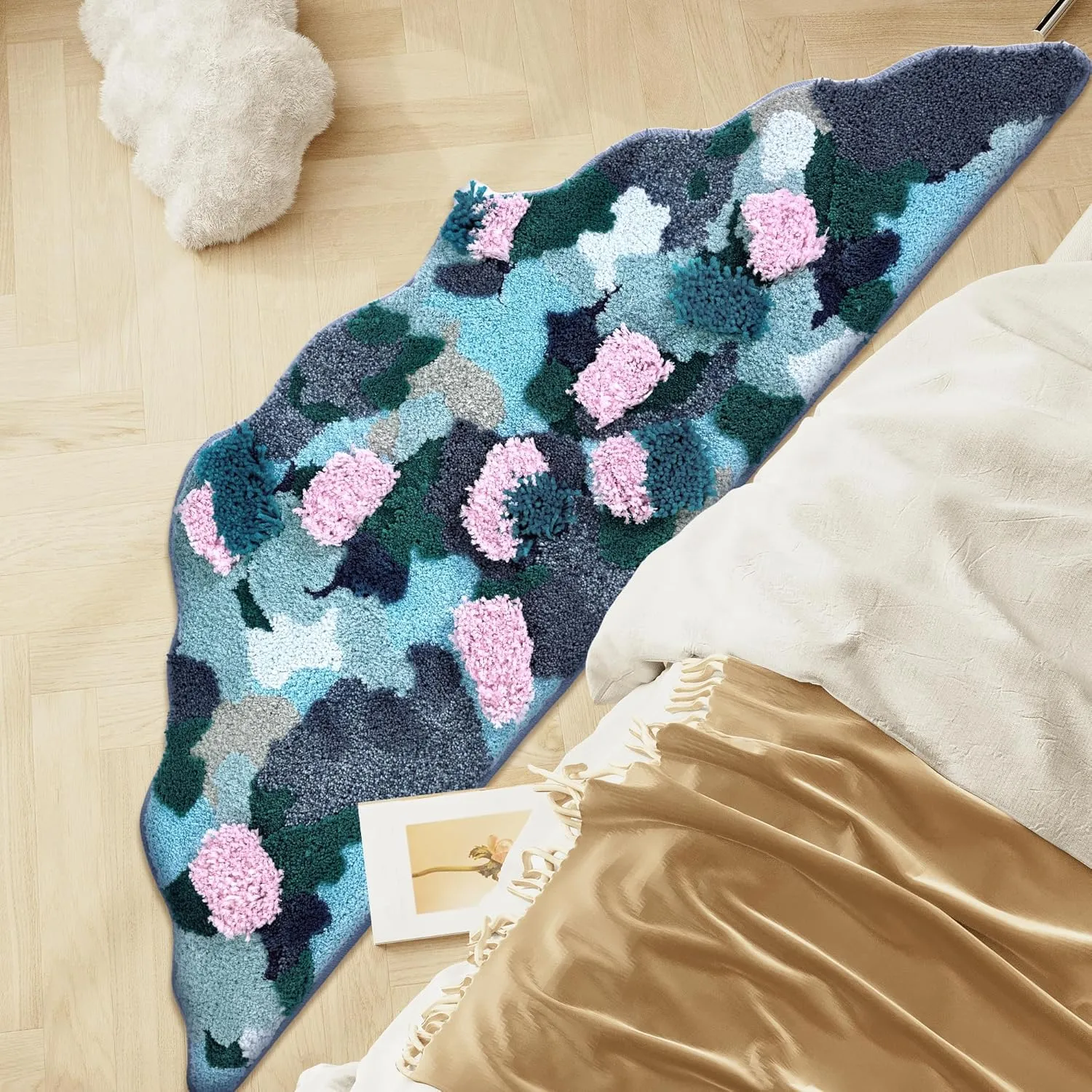 3D Stereo Flower Irregular Shaped Blue Bathroom Rug,Absorbent Tufted Soft Shaggy Rugs,20''X59''Non Slip Washable Moss Bath mat for Bedroom Kitchen Door Mat Decor(Blue)