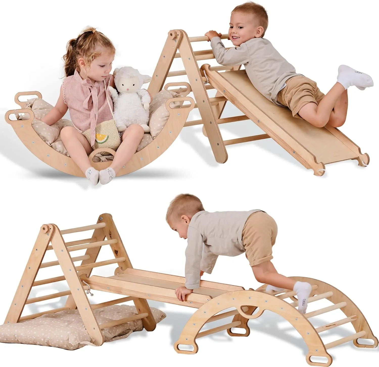 5-in-1 Indoor Climbing Frame for Toddlers -Triangle Ladder, Climbing Arch, Slide, Rope and Cushion, Montessori Climbing Frame, Kids Wooden Gym, Foldable Climbing Toys for Kids 1-3 Age