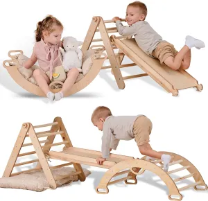 5-in-1 Indoor Climbing Frame for Toddlers -Triangle Ladder, Climbing Arch, Slide, Rope and Cushion, Montessori Climbing Frame, Kids Wooden Gym, Foldable Climbing Toys for Kids 1-3 Age