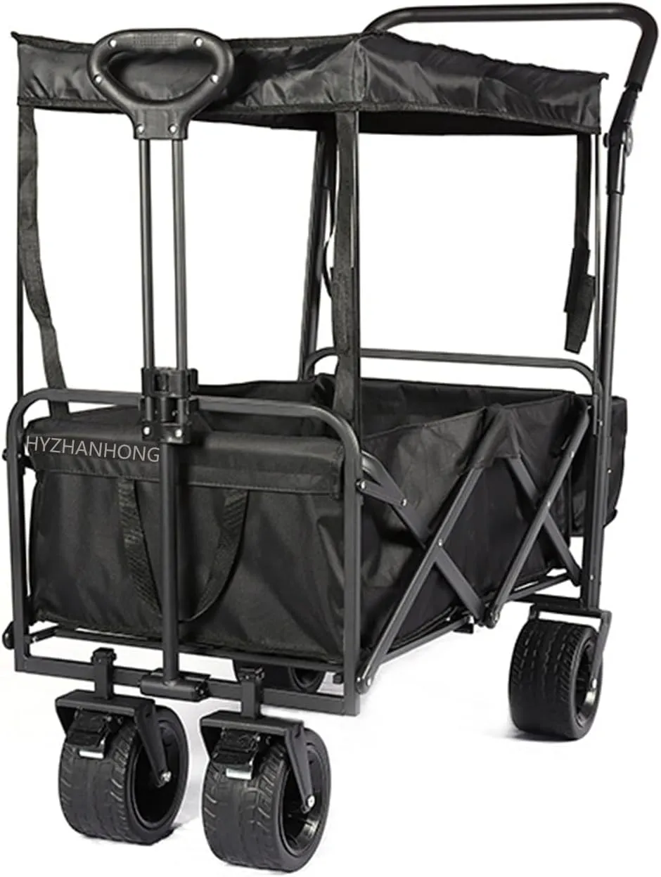8 Inch Double Pull Handle Large Wheeled Camper Trolley, Folding Storage Trolley with Canopy for Sports, Camping, Garden and Shopping