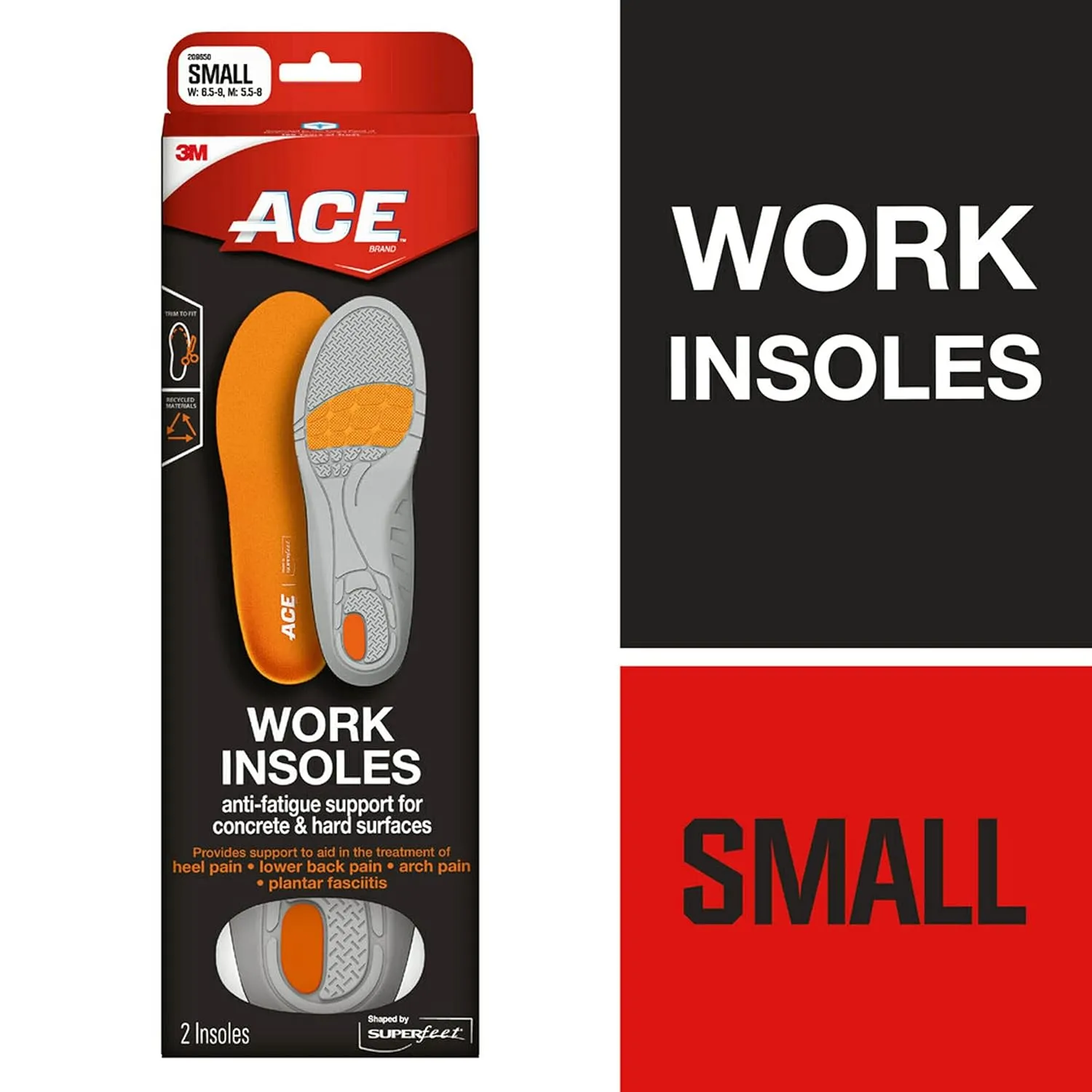ACE Insoles Work, Shaped by Superfeet, Anti-Fatigue Support, One Pair, Small