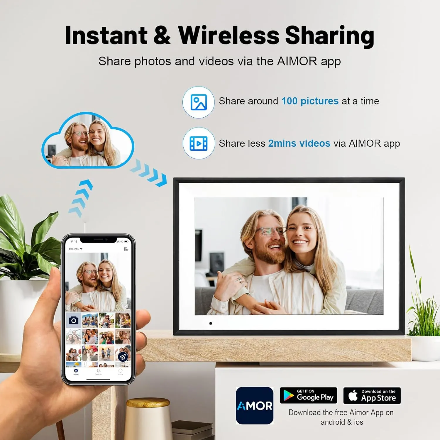 AEEZO Digital Picture Frame,10.1 Inch Digital Photo Frame with 1280 * 800 IPS Touch Screen HD Disply,Built-in 32GB Storage,Wall-Mounted, WiFi Digital Frame Share Photos/Videos via AiMOR App - White
