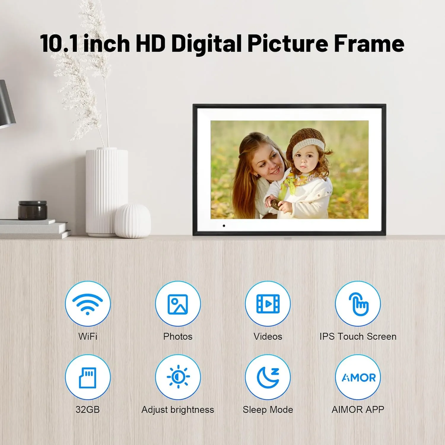 AEEZO Digital Picture Frame,10.1 Inch Digital Photo Frame with 1280 * 800 IPS Touch Screen HD Disply,Built-in 32GB Storage,Wall-Mounted, WiFi Digital Frame Share Photos/Videos via AiMOR App - White