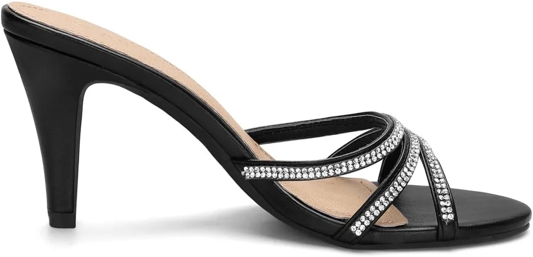 Allegra K Women's Open Toe Rhinestone Strappy Stiletto Heels Sandals Slip On Slip On Mules
