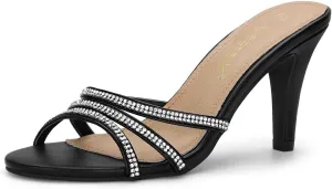 Allegra K Women's Open Toe Rhinestone Strappy Stiletto Heels Sandals Slip On Slip On Mules