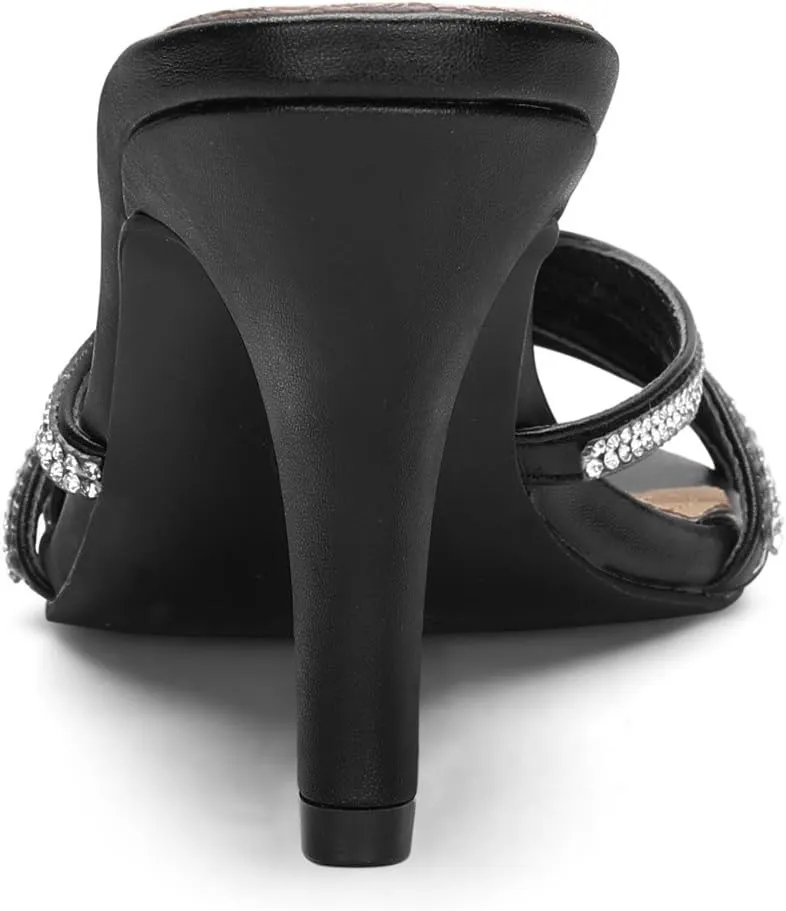 Allegra K Women's Open Toe Rhinestone Strappy Stiletto Heels Sandals Slip On Slip On Mules