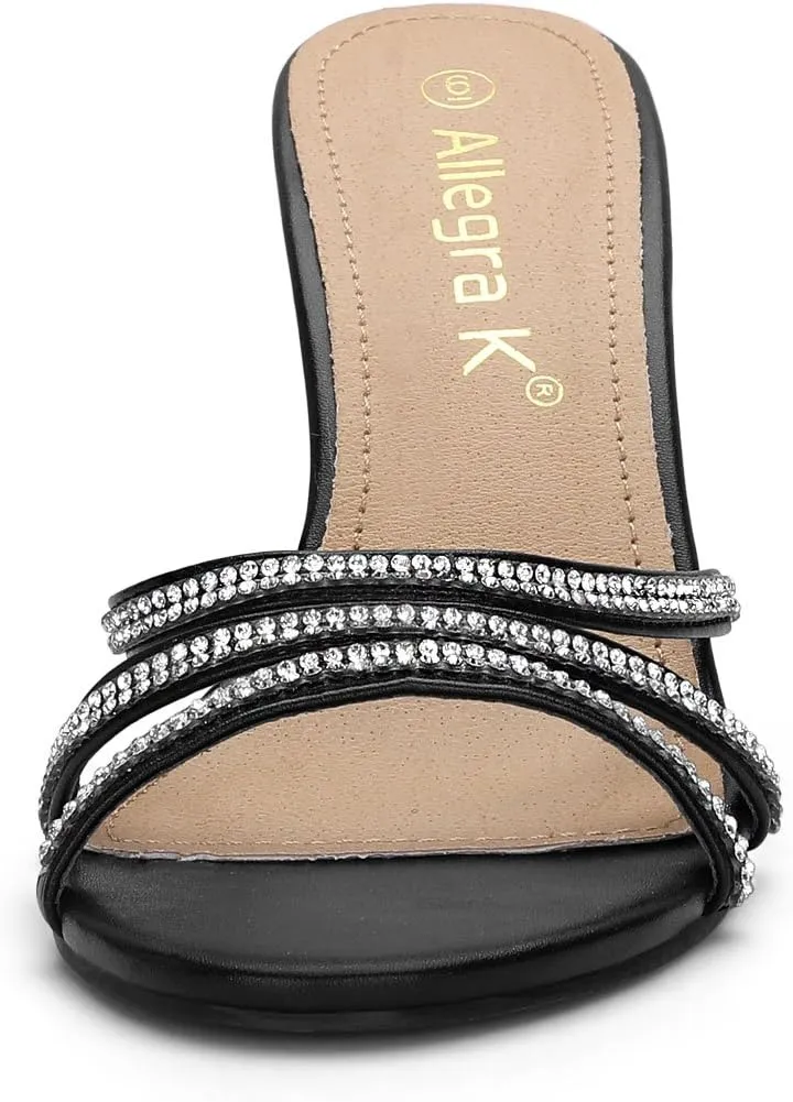 Allegra K Women's Open Toe Rhinestone Strappy Stiletto Heels Sandals Slip On Slip On Mules