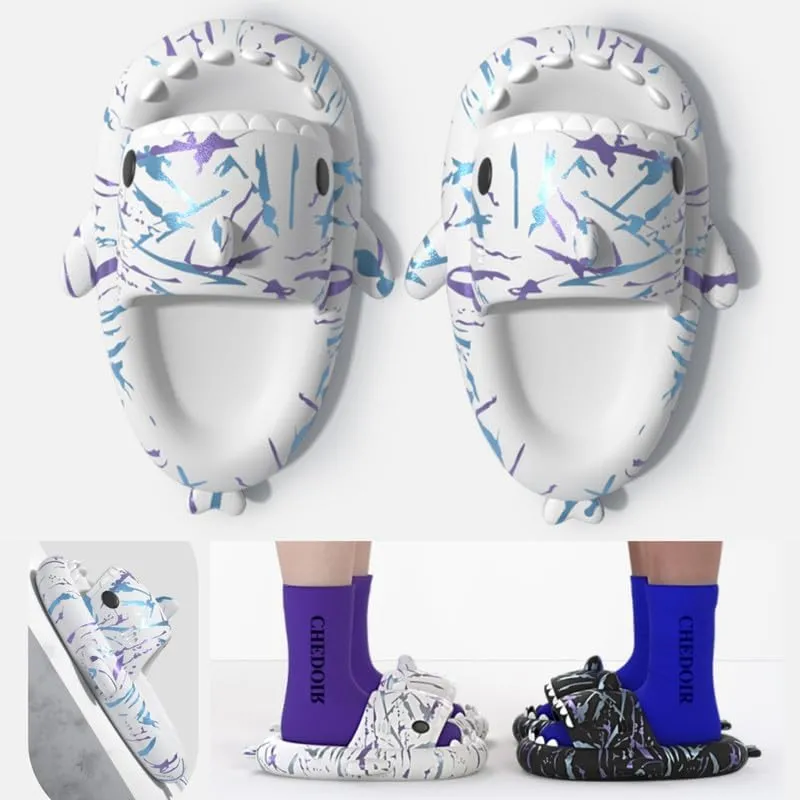 allgala Shark Slides for Women Men and Big Kids Novelty Soft Slippers Open Toe Shark Sandals Cushioned Slides Beach Pool Shower Cruise Slippers with Comfy Cushioned Thick Sole