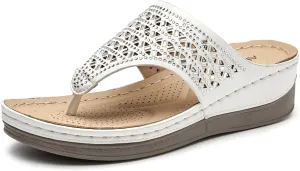 ALLOT Women's Comfortable Flip Flops Slip On Arch Support Platform Wedge Thong Sandals Rhinestone Hollow out Dressy Summer Slide Beach Walking Shoes