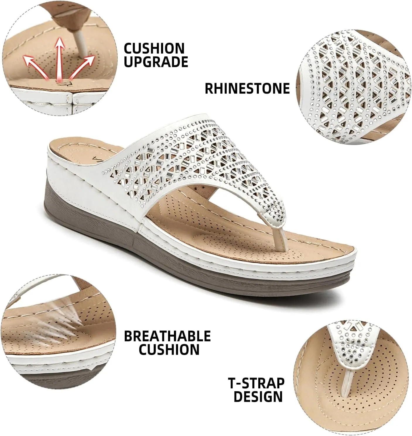 ALLOT Women's Comfortable Flip Flops Slip On Arch Support Platform Wedge Thong Sandals Rhinestone Hollow out Dressy Summer Slide Beach Walking Shoes