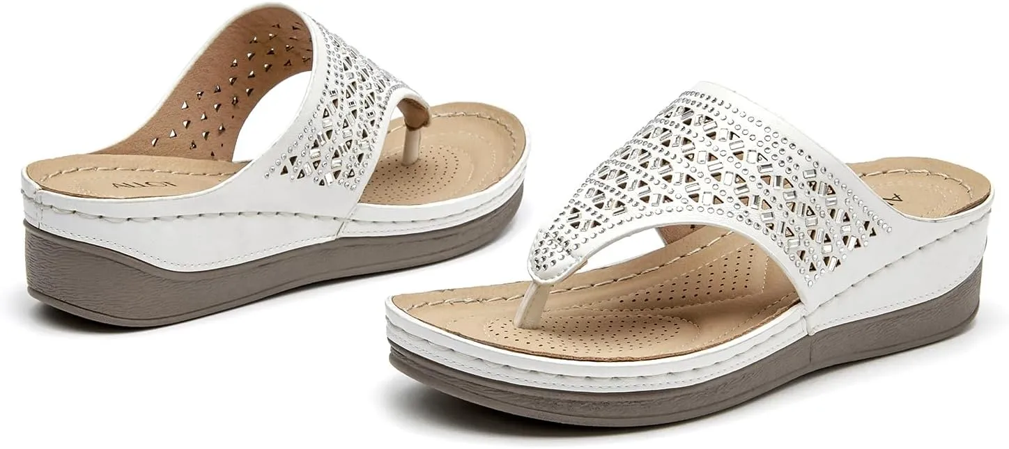 ALLOT Women's Comfortable Flip Flops Slip On Arch Support Platform Wedge Thong Sandals Rhinestone Hollow out Dressy Summer Slide Beach Walking Shoes