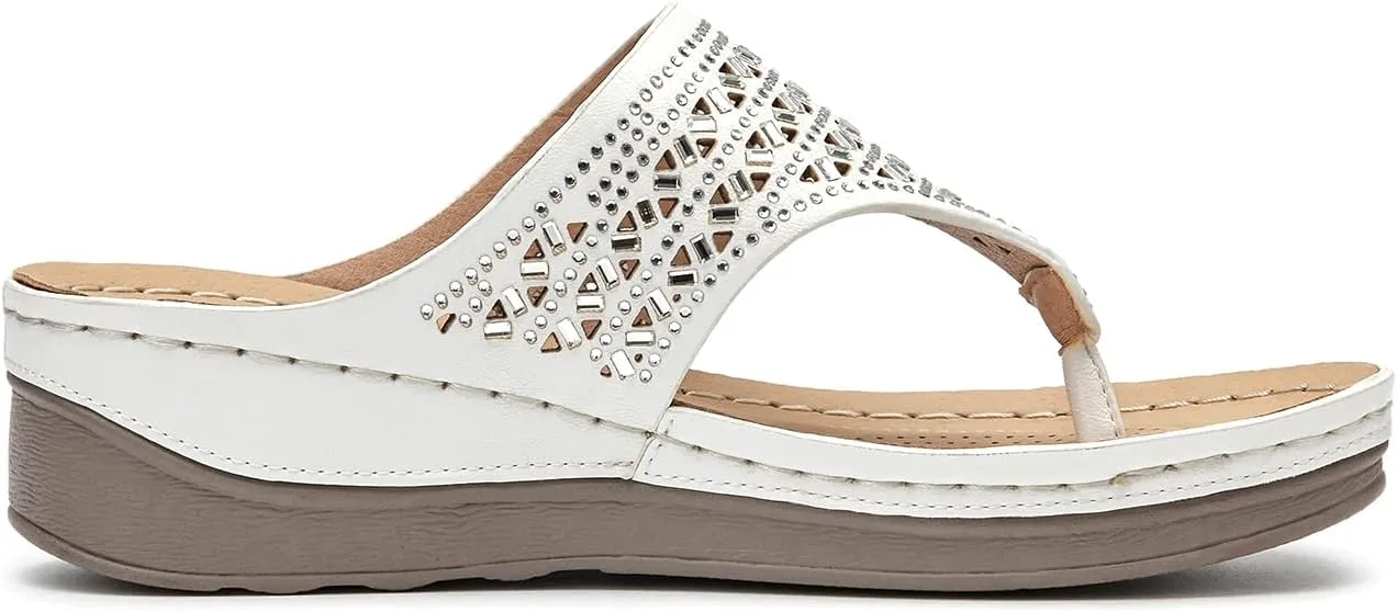 ALLOT Women's Comfortable Flip Flops Slip On Arch Support Platform Wedge Thong Sandals Rhinestone Hollow out Dressy Summer Slide Beach Walking Shoes