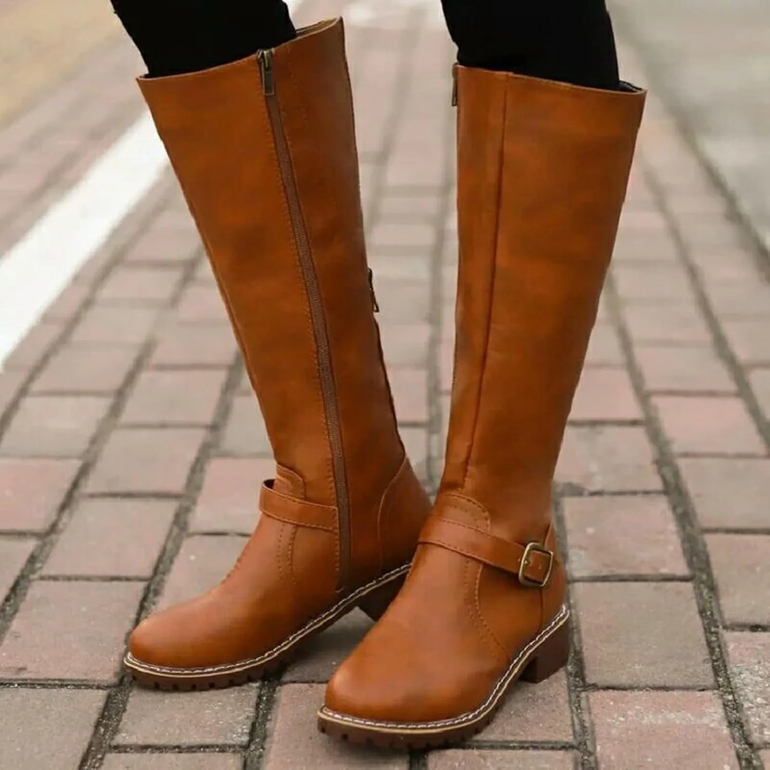 AMDBEL Wide Calf Boots for Women Low Heel Womens Fall Boots 2024 Fashion Zipper Cowboy Boots Riding Cowgirl Booties Shoes