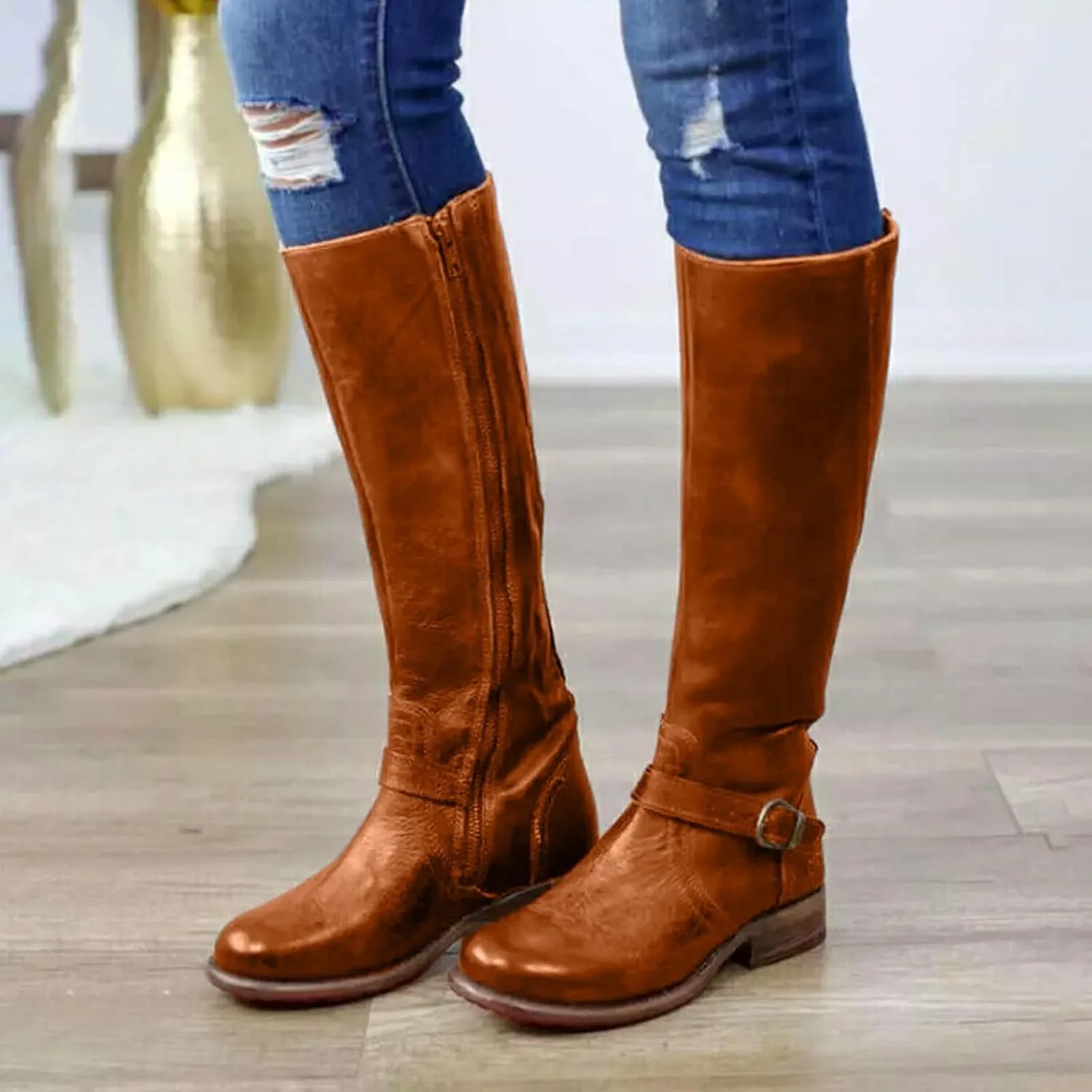 AMDBEL Wide Calf Boots for Women Low Heel Womens Fall Boots 2024 Fashion Zipper Cowboy Boots Riding Cowgirl Booties Shoes