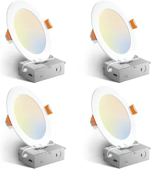 Amico 4 Pack 6 Inch 5CCT Ultra-Thin LED Recessed Light with Junction Box, 2700K/3000K/3500K/4000K/5000K Selectable, 12W Eqv 110W 1050LM Brightness Dimmable Canless Wafer Downlight, ETL & FCC
