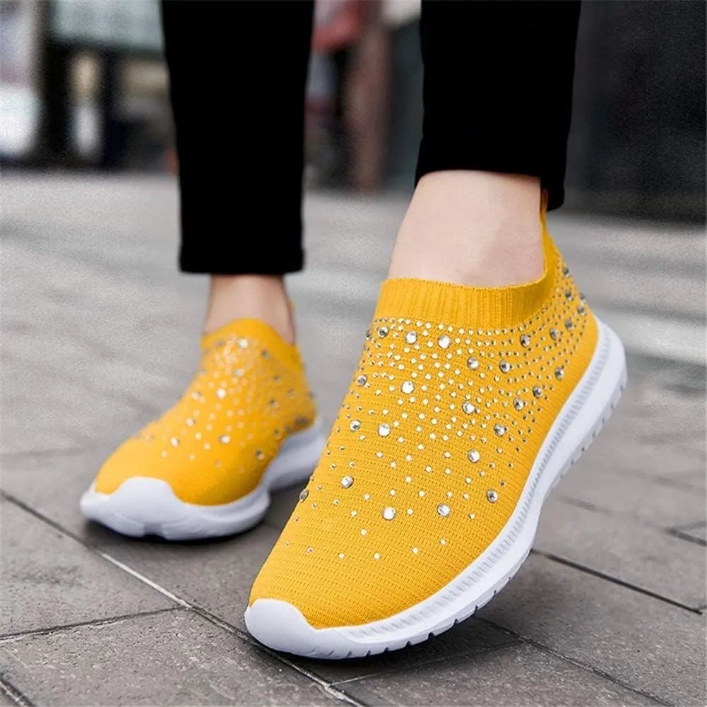 AngryMonkey Women's Rhinestones Mesh Sport Slip-on Shoes,Non Slip Good Arch Breathable Lightweight Casual Sock Sneaker Nurse Shoes