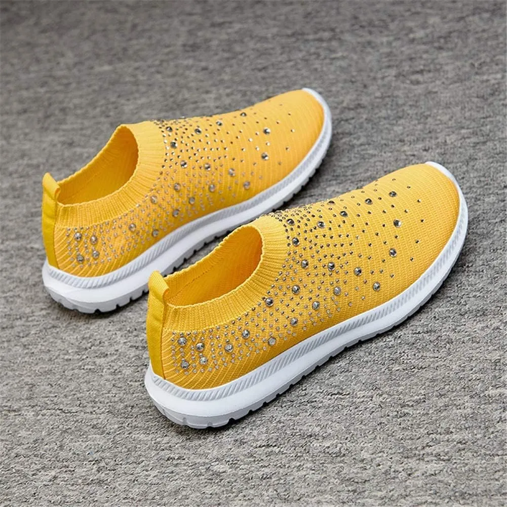 AngryMonkey Women's Rhinestones Mesh Sport Slip-on Shoes,Non Slip Good Arch Breathable Lightweight Casual Sock Sneaker Nurse Shoes