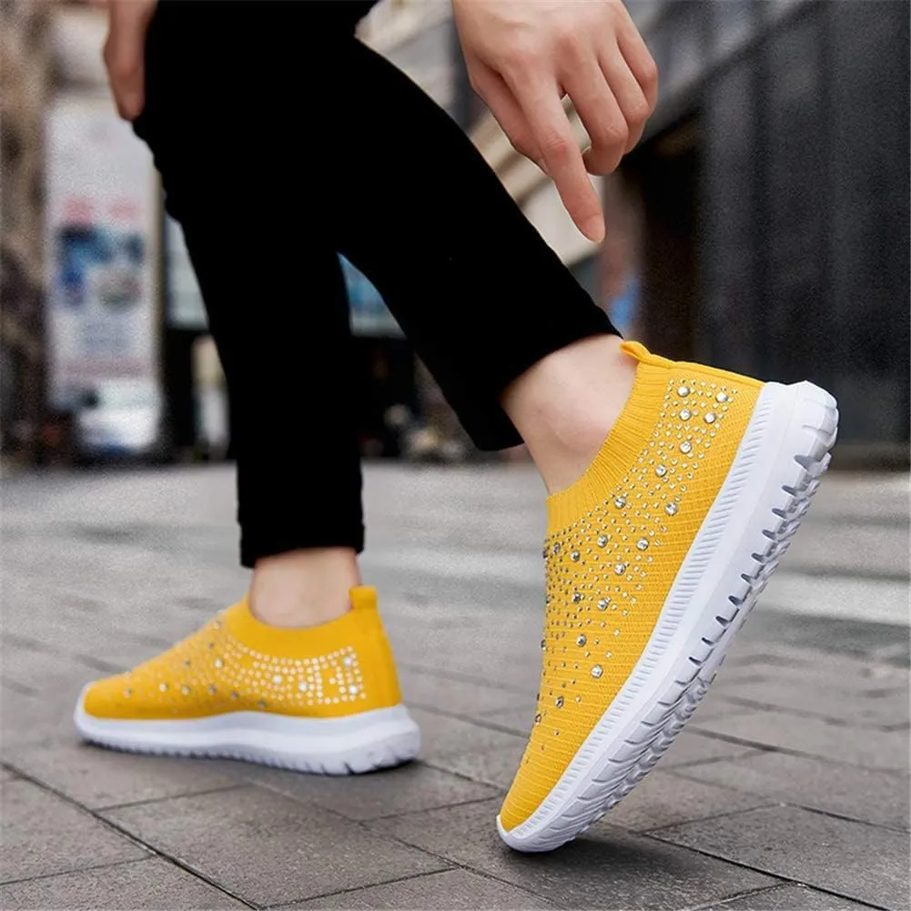 AngryMonkey Women's Rhinestones Mesh Sport Slip-on Shoes,Non Slip Good Arch Breathable Lightweight Casual Sock Sneaker Nurse Shoes