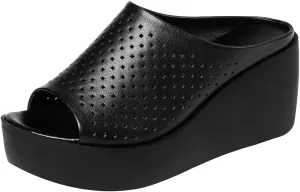 ANUFER Women's Peep Toe Mules Platform Wedge Heel Genuine Leather Summer Hollowed Slippers