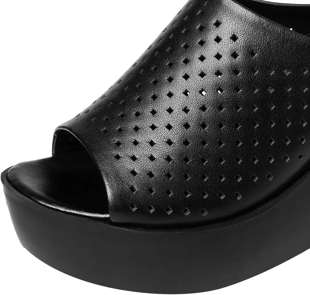 ANUFER Women's Peep Toe Mules Platform Wedge Heel Genuine Leather Summer Hollowed Slippers