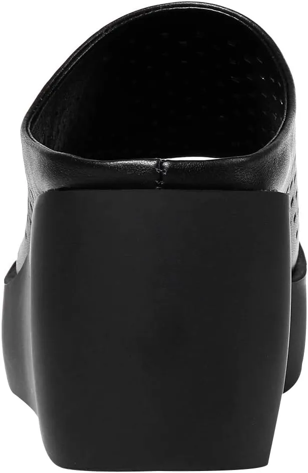 ANUFER Women's Peep Toe Mules Platform Wedge Heel Genuine Leather Summer Hollowed Slippers
