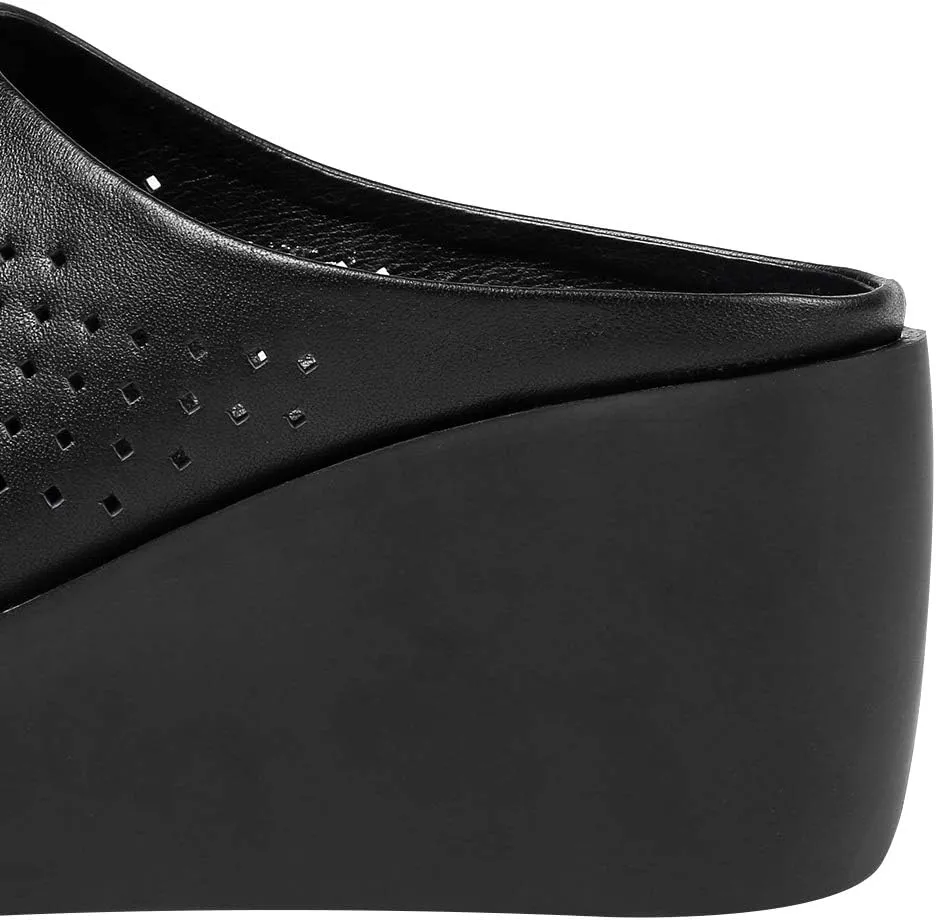 ANUFER Women's Peep Toe Mules Platform Wedge Heel Genuine Leather Summer Hollowed Slippers
