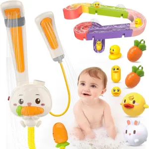 Baby Bath Toys, Rabbit Electric Bathtub Toys with Shower Heads, 3 Spray Modes, DIY Water Slippery Slide Track, NO Hole Floating Pool Toys for Bath Time, Waterproof Shower Toys for Toddler Boys Girls