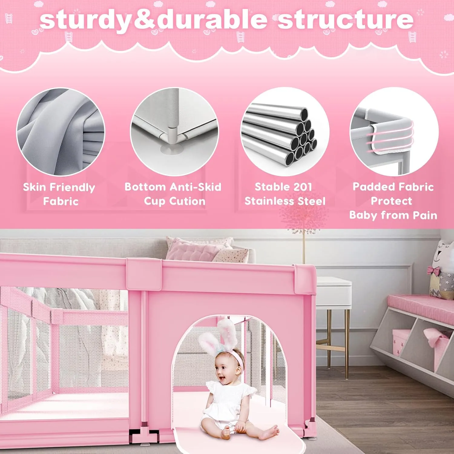 Baby Playpen 74 x 50 Inch Play Pen Playards, Playpen for Babies and Toddlers, Baby Playard for Indoor & Outdoor Active Center Game Fence, Skin-Friendly Fabric and Soft Breathable Mesh, Pink