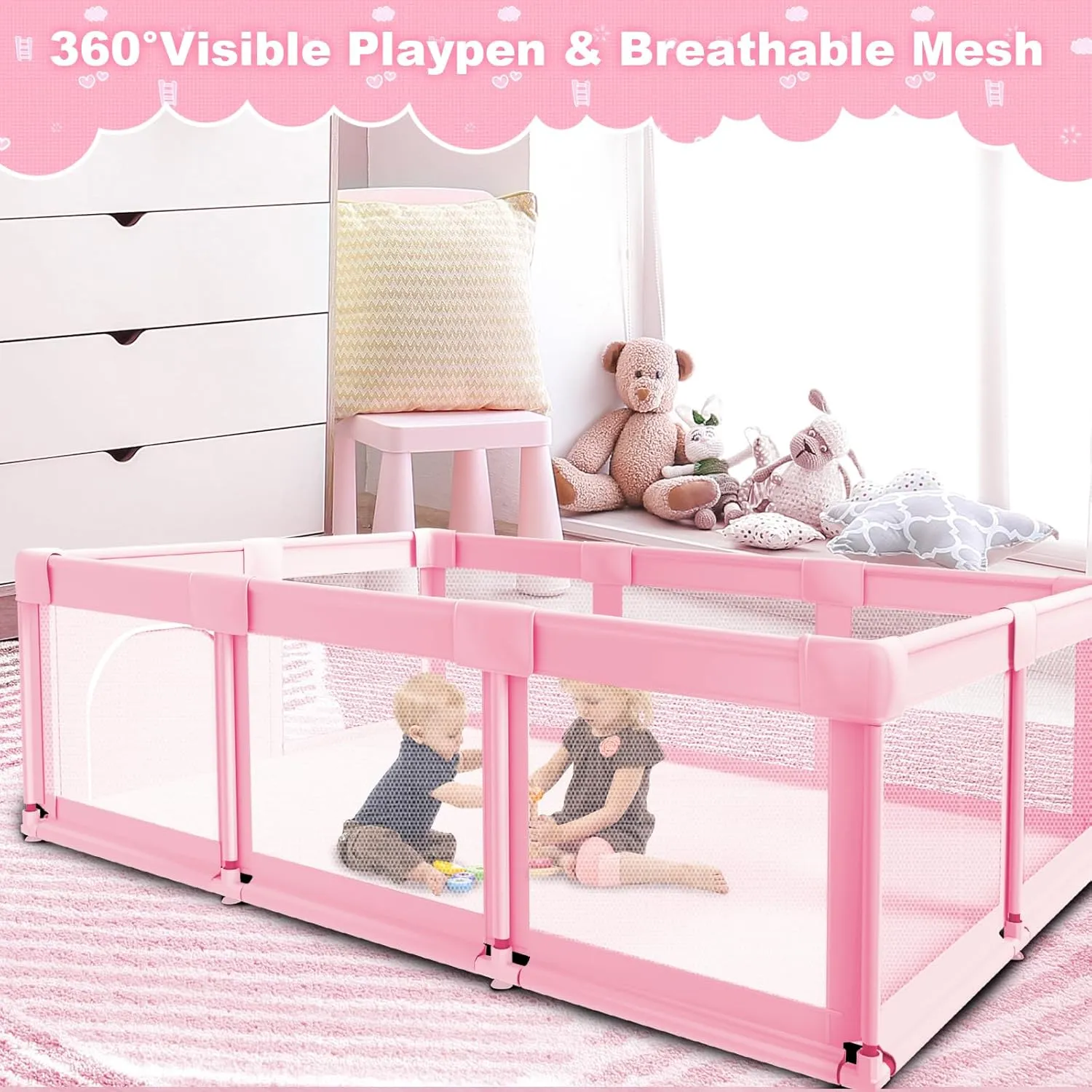 Baby Playpen 74 x 50 Inch Play Pen Playards, Playpen for Babies and Toddlers, Baby Playard for Indoor & Outdoor Active Center Game Fence, Skin-Friendly Fabric and Soft Breathable Mesh, Pink