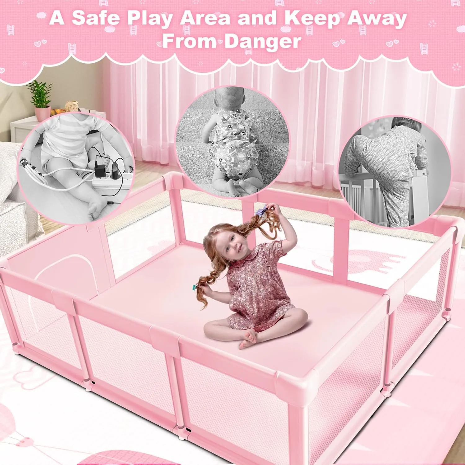 Baby Playpen 74 x 50 Inch Play Pen Playards, Playpen for Babies and Toddlers, Baby Playard for Indoor & Outdoor Active Center Game Fence, Skin-Friendly Fabric and Soft Breathable Mesh, Pink