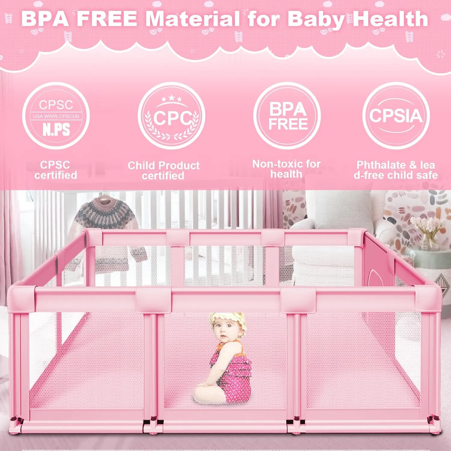 Baby Playpen 74 x 50 Inch Play Pen Playards, Playpen for Babies and Toddlers, Baby Playard for Indoor & Outdoor Active Center Game Fence, Skin-Friendly Fabric and Soft Breathable Mesh, Pink