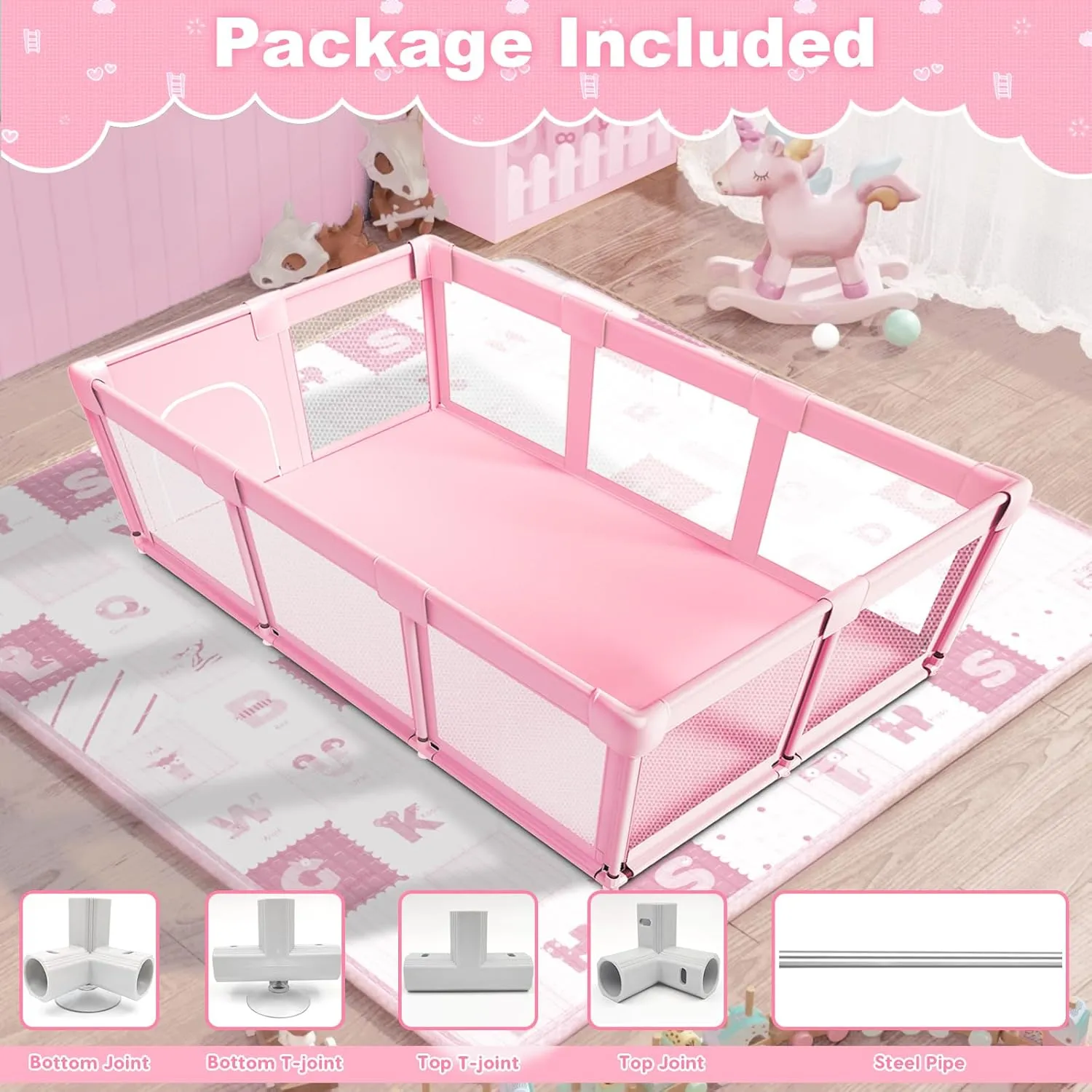 Baby Playpen 74 x 50 Inch Play Pen Playards, Playpen for Babies and Toddlers, Baby Playard for Indoor & Outdoor Active Center Game Fence, Skin-Friendly Fabric and Soft Breathable Mesh, Pink