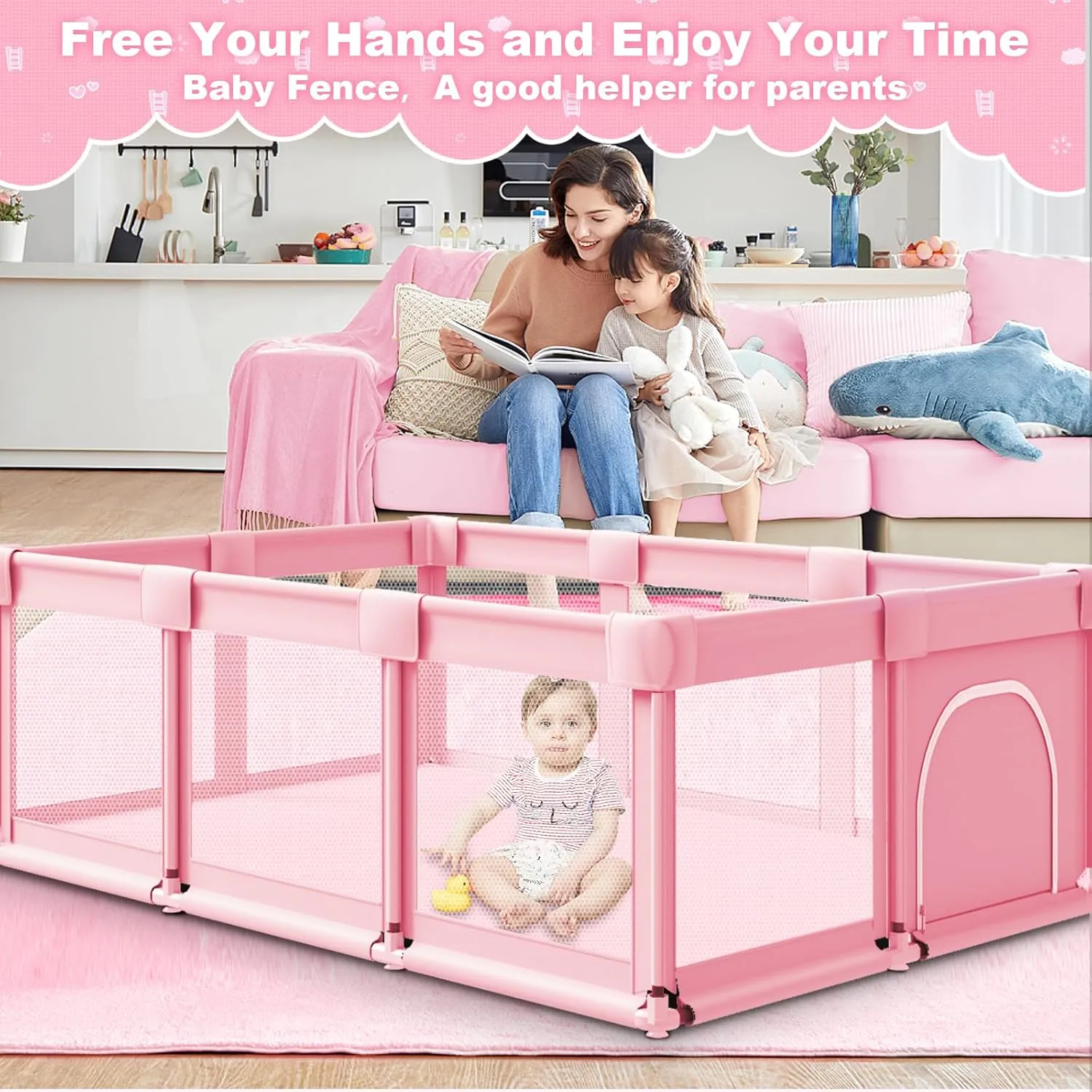 Baby Playpen 74 x 50 Inch Play Pen Playards, Playpen for Babies and Toddlers, Baby Playard for Indoor & Outdoor Active Center Game Fence, Skin-Friendly Fabric and Soft Breathable Mesh, Pink