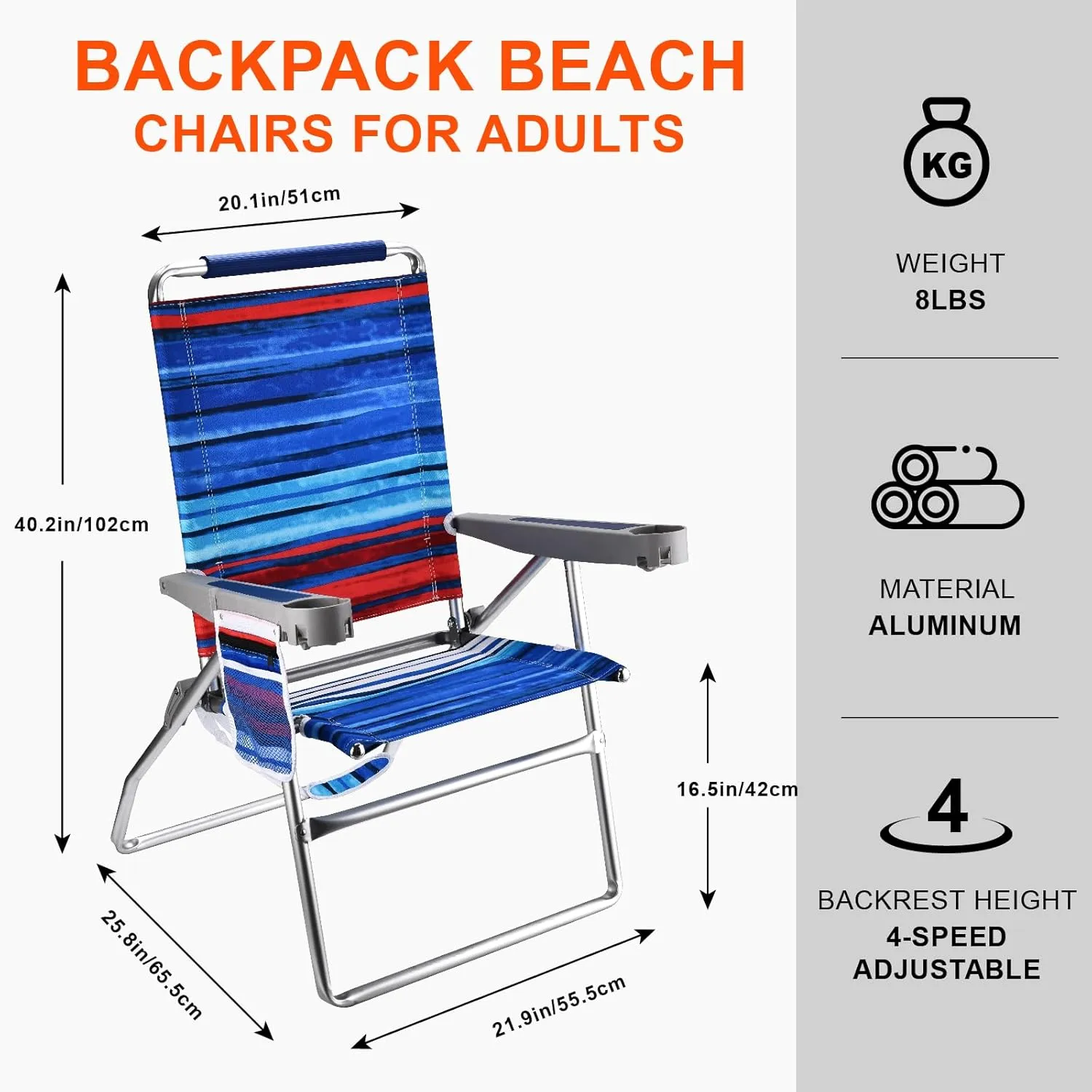 Backpack Beach Chairs for Adults Capacity 300 LBS Low 5 Position Beach Chair with Pouch Straps Folding Lightweight Reclining Aluminum Wide Lay Flat Single