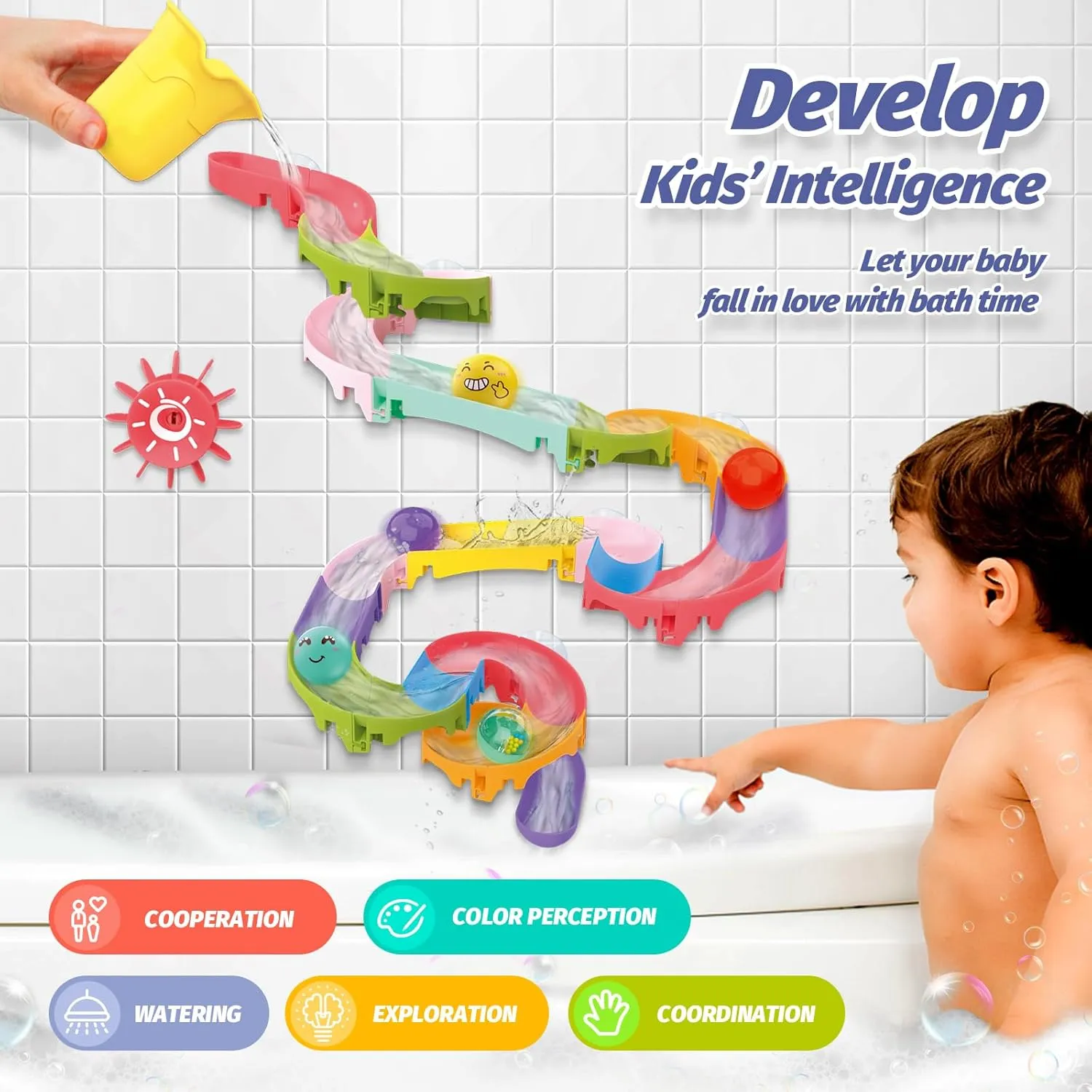 Bath Toys Water Ball Track for Kids for Wall Bathtub Toy Slide for Toddlers Toy Building Blocks Capable of Interconnection Shower Gift for Children (A42pcs Track)